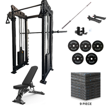 Load image into Gallery viewer, Oli Joy 5492 Elite Commercial Functional Trainer Bundle – Cable Crossover Power Rack with 150 kg Olympic Plates, Barbell, Adjustable Bench, Smith System & 15 mm Gym Mat