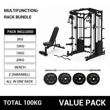 Oli Joy 10-in-1 Smith Machine Power Rack with Smith Machine,300LB Stack, 100KG Bumper Plates & Bench Bundle