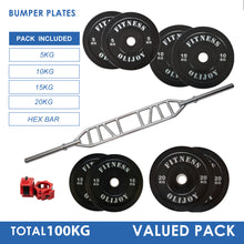Load image into Gallery viewer, 100kg Black Bumper Plates &Multi Grip Swiss Bar Bundle(5/10/15/20)&collar