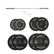 Load image into Gallery viewer, 100kg Black Cast Iron Plates & Barbell Bundle (2.2m bar) - Oli Joy Sports