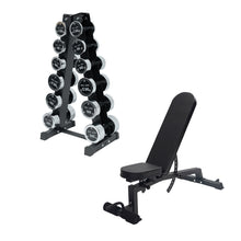 Load image into Gallery viewer, 2.5kg to 20kg Chrome Round Dumbbell & Storage Rack & Bench Bundle (6 pairs - 130kg) - Oli Joy Sports
