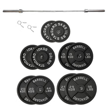 Load image into Gallery viewer, 150kg Black Cast Iron Plates & Barbell Bundle (2.2m bar) - Oli Joy Sports