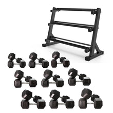 Load image into Gallery viewer, 15kg to 35kg Hex Dumbbell & Premium Quality Storage Rack Bundle (8 pairs -390kg) - Oli Joy Sports