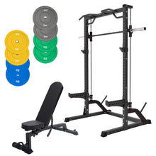 Load image into Gallery viewer, Half Rack Smith Machine Bundle - 100kg Colour Bumper Plates & Adjustable Bench - Oli Joy Sports