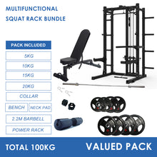 Load image into Gallery viewer, Multifunctional Squat Rack Bundle - 100kg Rubber Weight Plates, Barbell & Workout Bench - Oli Joy Sports
