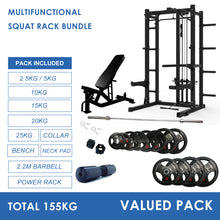 Load image into Gallery viewer, Multifunctional Squat Rack Bundle - 155kg Ruber Weight Plates, Barbell & Workout Bench - Oli Joy Sports