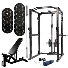 Load image into Gallery viewer, Power Rack Bundle - 150kg Black Bumper Plates, Barbell & Bench - Oli Joy Sports