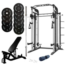 Load image into Gallery viewer, Smith Machine Bundle - 150kg Black Bumpler Weight Plates, Barbell & Bench - Oli Joy Sports