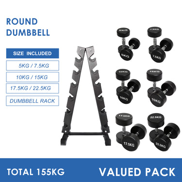 5kg to 22.5kg Round Dumbbell & Storage Rack Bundle (6 pairs - 155kg)