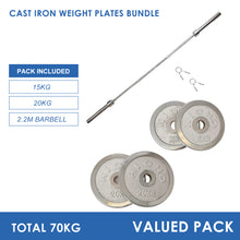 Load image into Gallery viewer, 70kg Cast Iron Weight Plates & Barbell Bundle (2.2m bar) - Oli Joy Sports