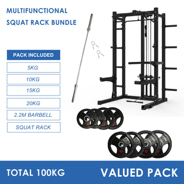 Multifunctional Squat Rack Bundle - 100kg Ruber Weight Plates & Barbell - Oli Joy Sports