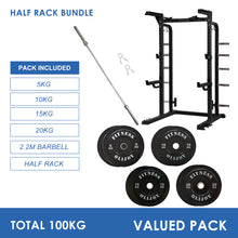 Load image into Gallery viewer, Half Rack Bundle - 100kg Black Bumper Weight Plates &amp; Barbell
