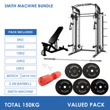 Load image into Gallery viewer, Smith Machine Bundle - 150kg Black Bumpler Weight Plates, Barbell & Bench - Oli Joy Sports