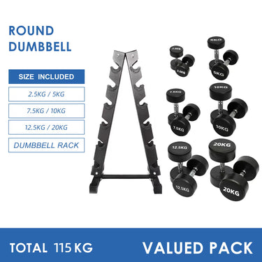 2.5 kg to 20kg Round Dumbbell & Storage Rack Bundle (6 pairs - 115kg)