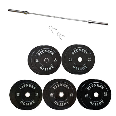 150kg Black Bumper Plates & Barbell Bundle (2.2m bar) - Oli Joy Sports