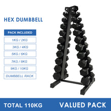 Load image into Gallery viewer, 1kg to 10kg Hex Dumbbell & Storage Rack Bundle (10 pairs - 110kg) - Oli Joy Sports