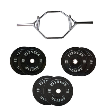 90kg Black Bumper Plates & Hex Trap Barbell Bundle - Oli Joy Sports