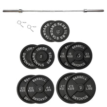 Load image into Gallery viewer, 150kg Black Cast Iron Plates &amp; Barbell Bundle (2.2m bar)
