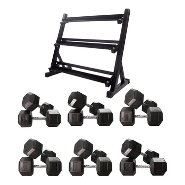 25kg to 45kg Hex Dumbbell & Storage Rack Bundle (6 pairs -410kg) - Oli Joy Sports