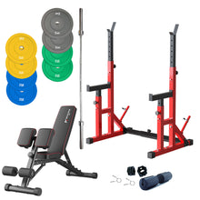 Load image into Gallery viewer, Pre Order Adjustable Squat Rack Barbell Rack Bundle - 100kg Colour Bumper Weight Plates & Barbell & Bench - Oli Joy Sports