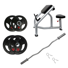 Load image into Gallery viewer, Pre Order 30kg Preacher Curl Bench, Bar & Rubber Plates Bundle (1.2m bar) - Oli Joy Sports
