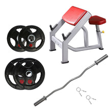 Load image into Gallery viewer, Pre Order 30kg Preacher Curl Bench, Bar & Rubber Plates Bundle (1.2m bar) - Oli Joy Sports