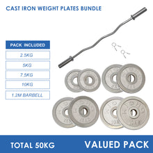 Load image into Gallery viewer, 50kg Cast Iron Weight Plates & Barbell Bundle (1.2m bar) - Oli Joy Sports