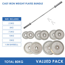 Load image into Gallery viewer, 80kg Cast Iron Weight Plates & Barbell Bundle (1.5m bar) - Oli Joy Sports