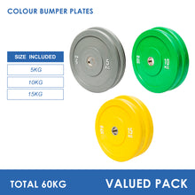 Load image into Gallery viewer, 60kg Colour Bumper Plates Bundle (5/10/15) - Oli Joy Sports