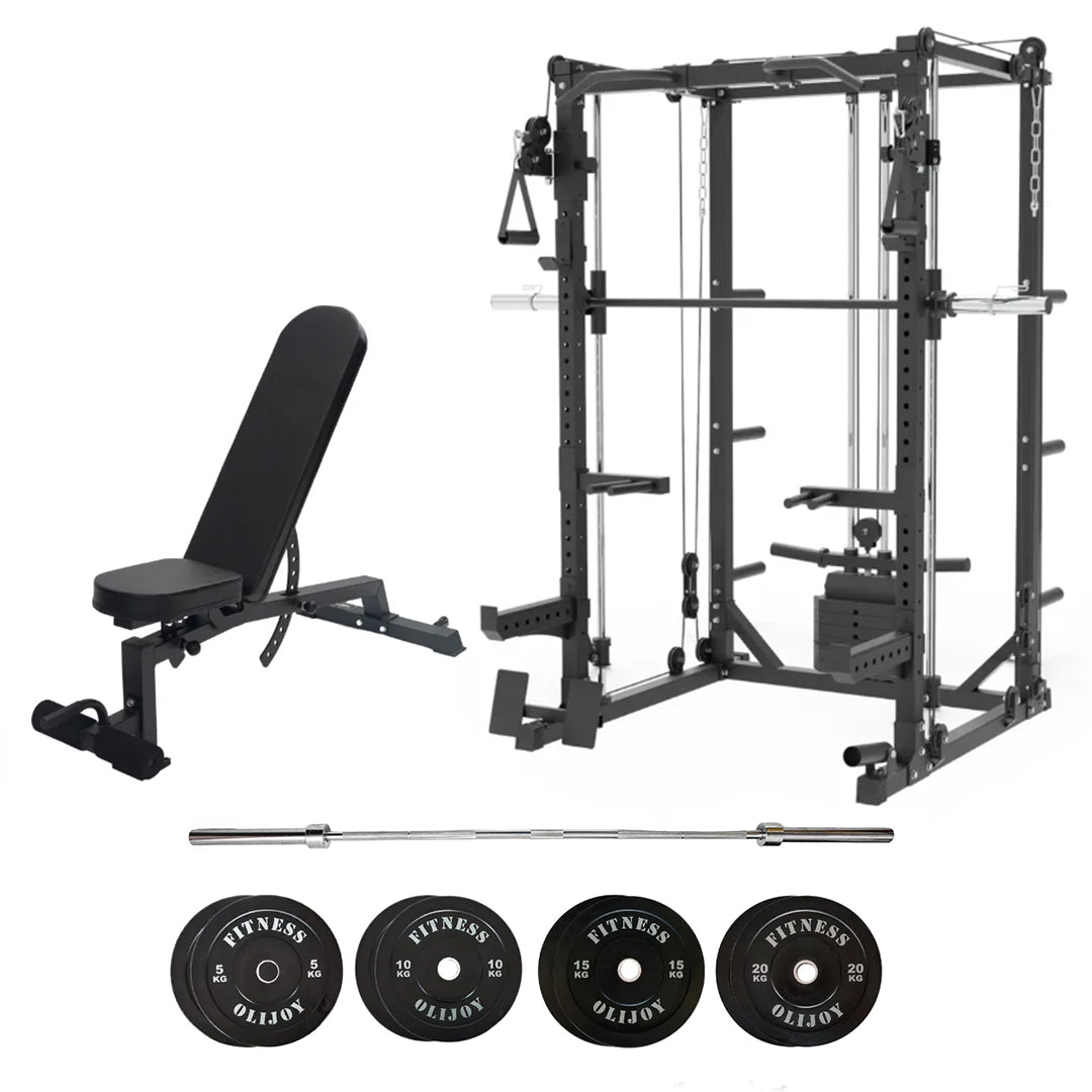 Gym Setup with Rack, Bench, Barbell, and Weights