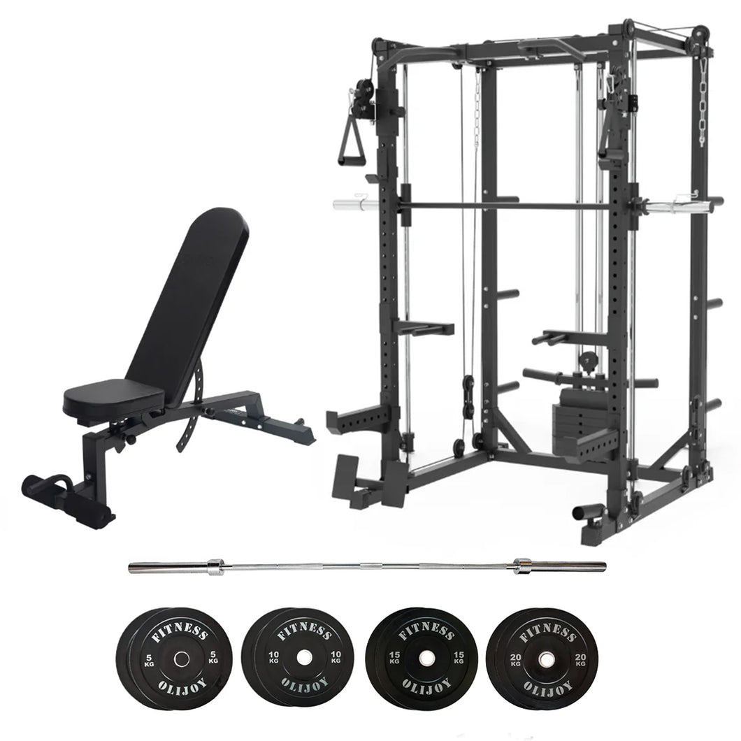 Oli Joy 5383 Home Strength Bundle – Smith Machine with 100 kg Olympic Plates, Barbell & Adjustable Bench