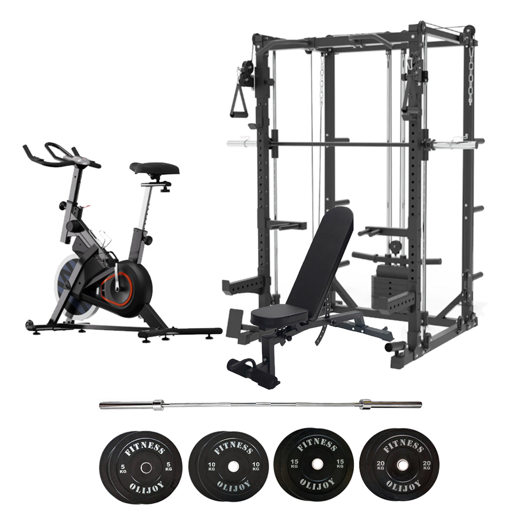 Oli Joy 5383 Total Home Gym Bundle – Smith Machine with 100 kg Plates, Adjustable Bench & Magnetic Bike