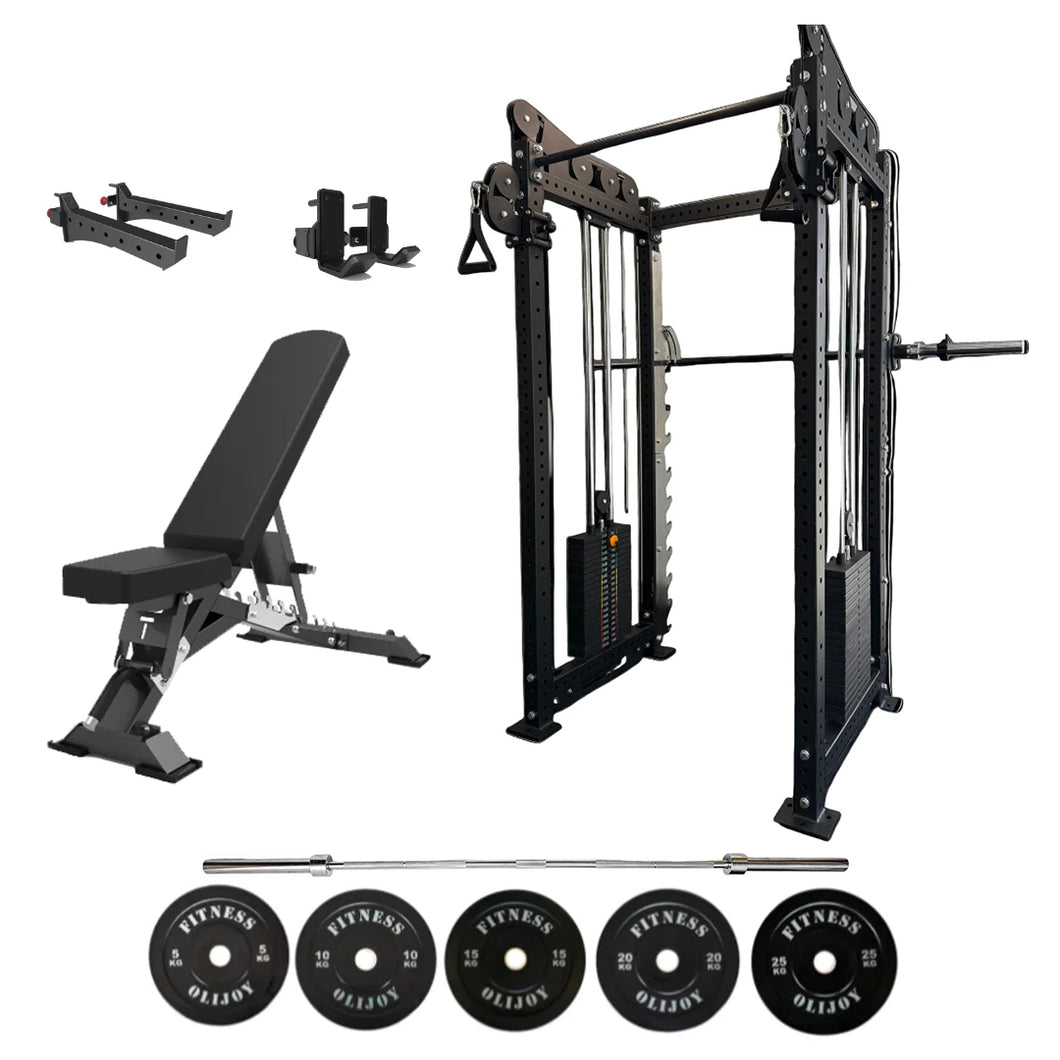 Oli Joy 5492 Elite Commercial Bundle – Cable Crossover Power Rack with 150 kg Plates, Barbell & Smith System