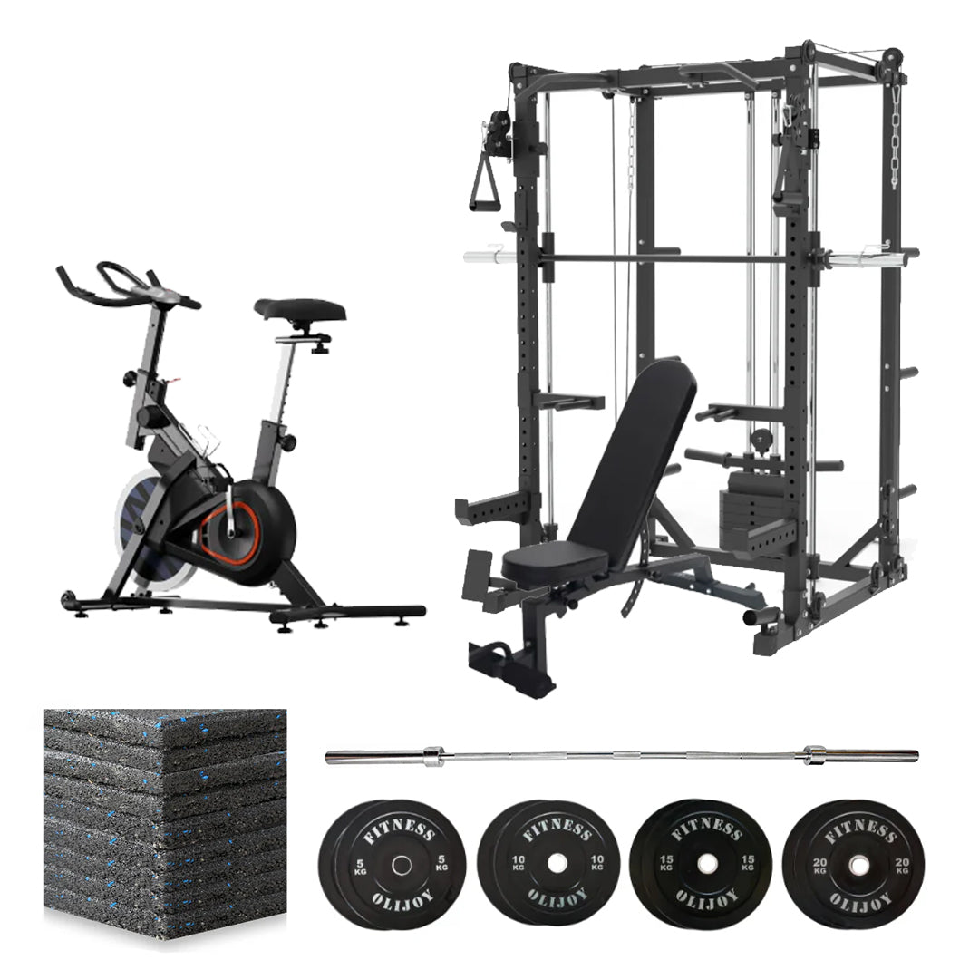 Oli Joy 5383 Commercial Smith Machine Bundle – Includes 100 kg Olympic Bumper Plates, Squat Rack, Cable Crossover, Cardio & Gym Mat