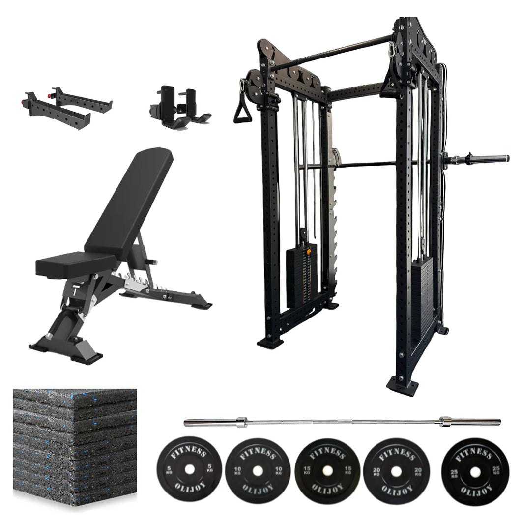Oli Joy 5492 Elite Functional Trainer Bundle – Cable Crossover Power Rack with 150 kg Plates, Smith System & Gym Mat