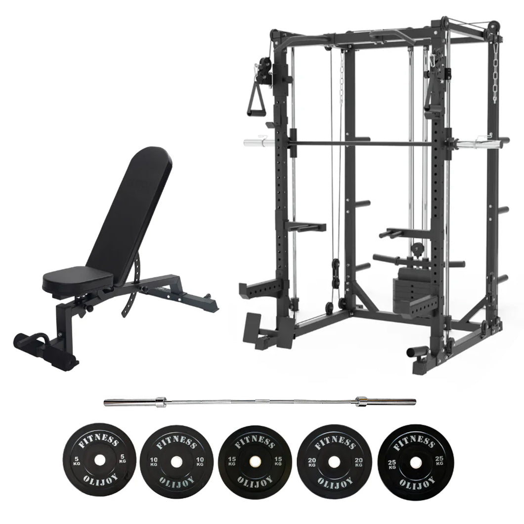 Oli Joy 5383 Elite Strength Bundle – Smith Machine with 150 kg Olympic Plates, Barbell & Bench