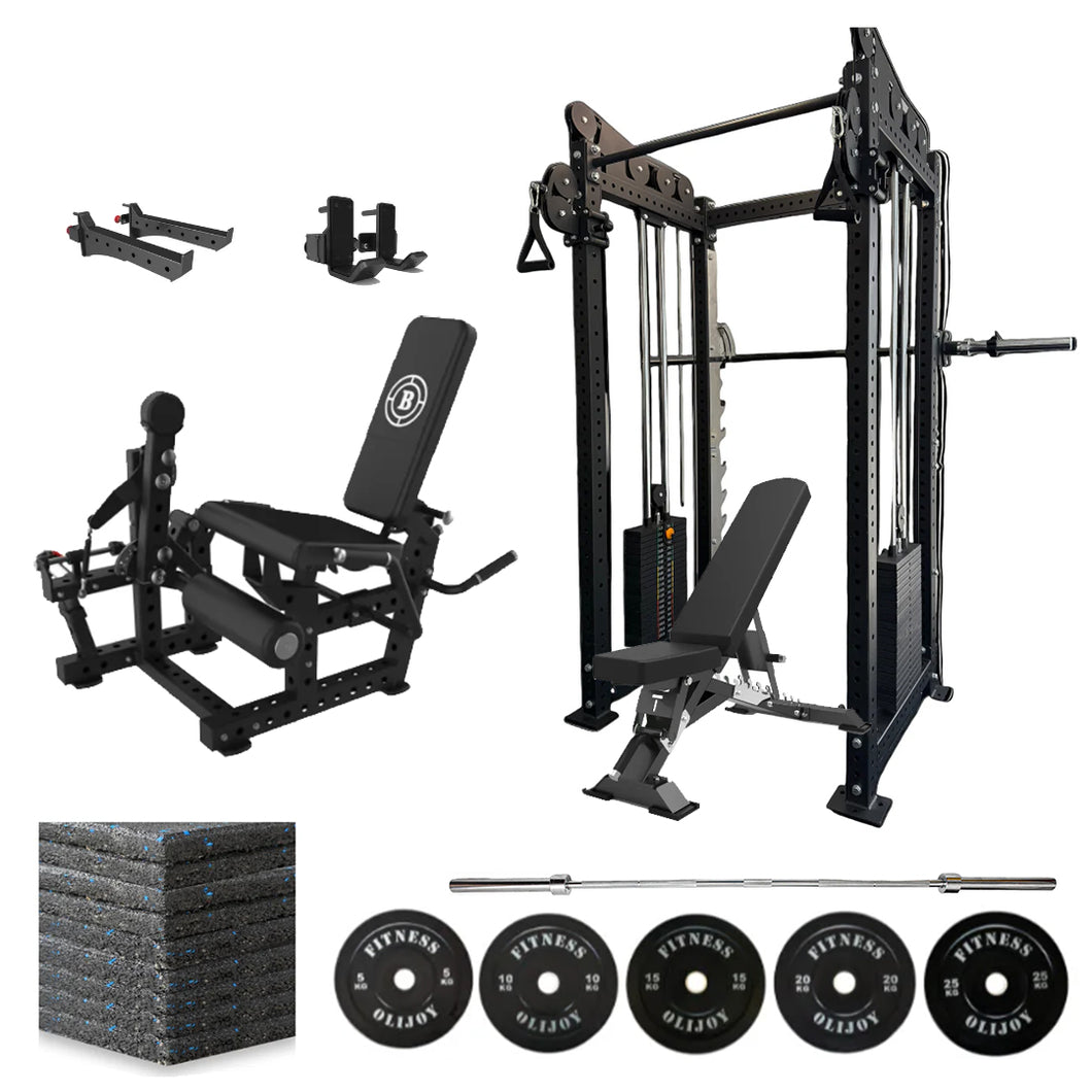 Oli Joy 5492 Elite Pro Strength Bundle – Cable Crossover Power Rack with 150 kg Plates, Smith System & Leg Curl Machine