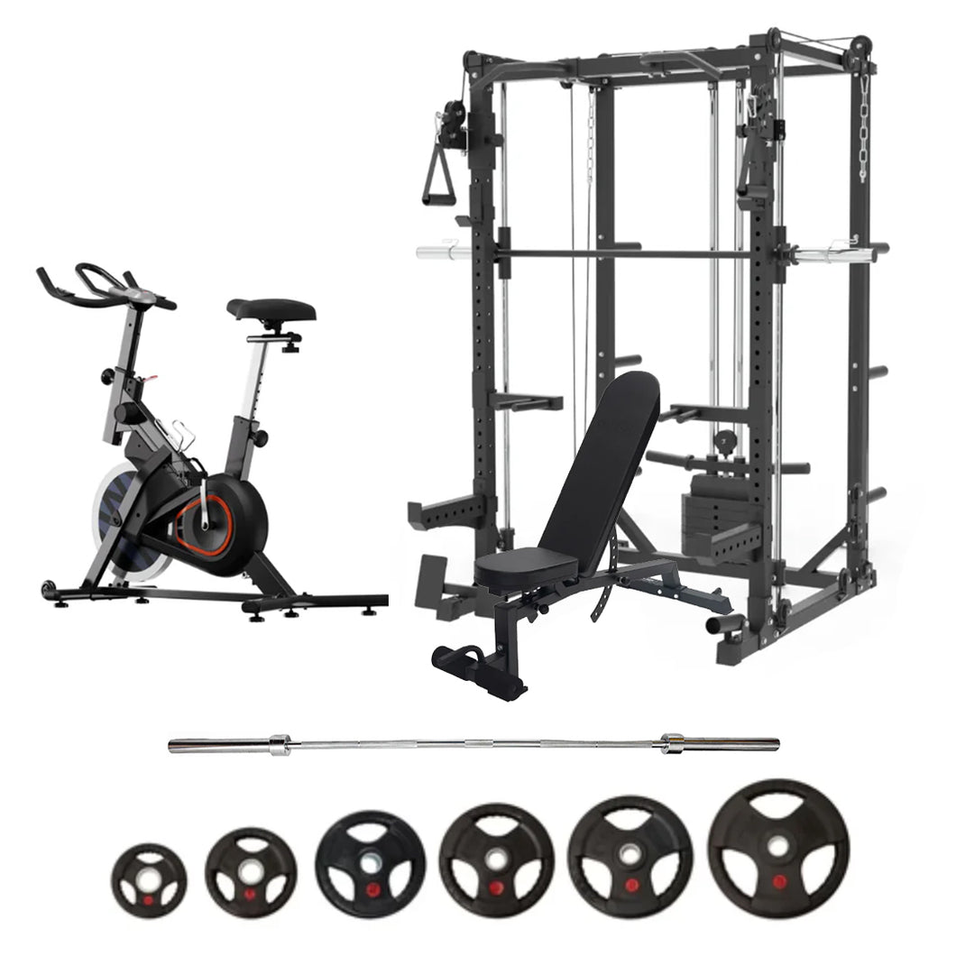 Oli Joy 5383 Ultimate Training Bundle – Smith Machine with 155 kg Plates, Bench & Magnetic Exercise Bike