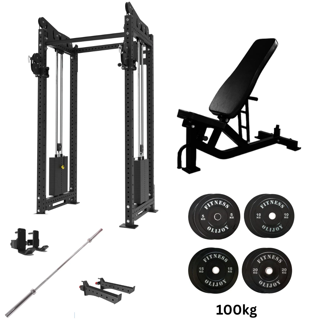 Oli Joy 5492 Pro Functional Bundle – Cable Crossover Trainer with 100 kg Plates, Barbell & Adjustable Bench