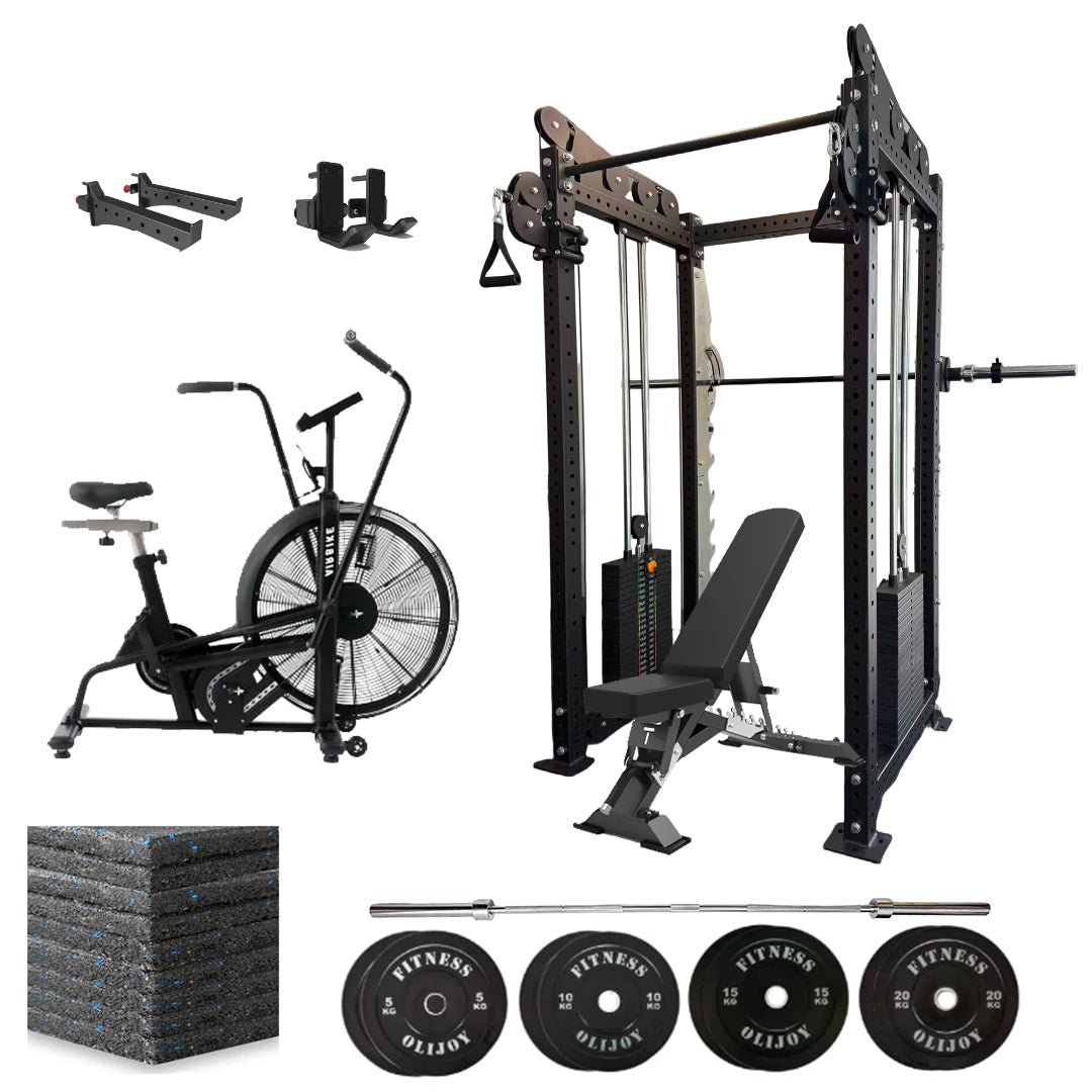 Oli Joy 5492 Functional Trainer Power Rack with 100 kg Plates, Barbell, Bench & Air Bike