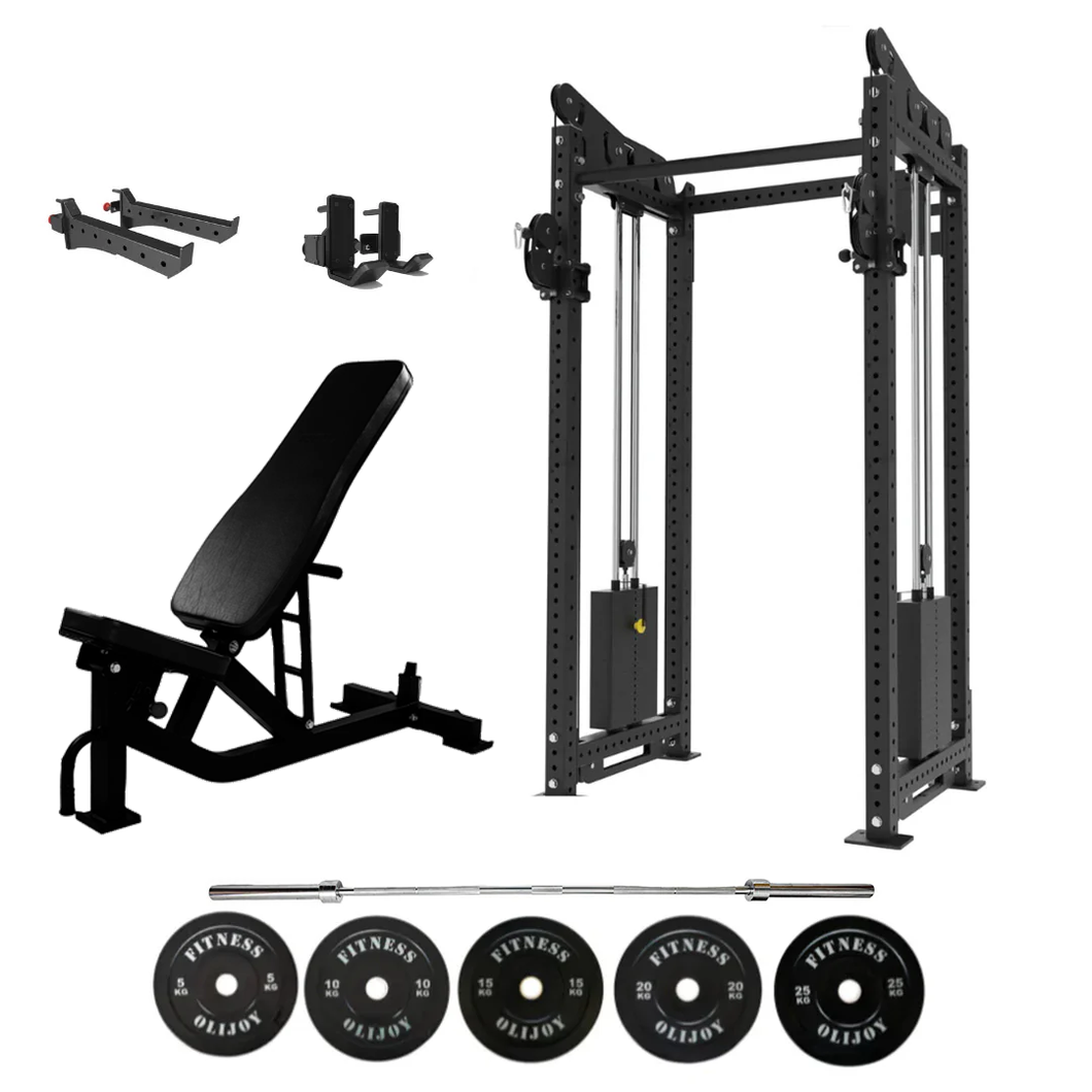 Oli Joy 5492 Pro Functional Bundle – Cable Crossover Trainer with 100 kg Plates, Barbell & Adjustable Bench