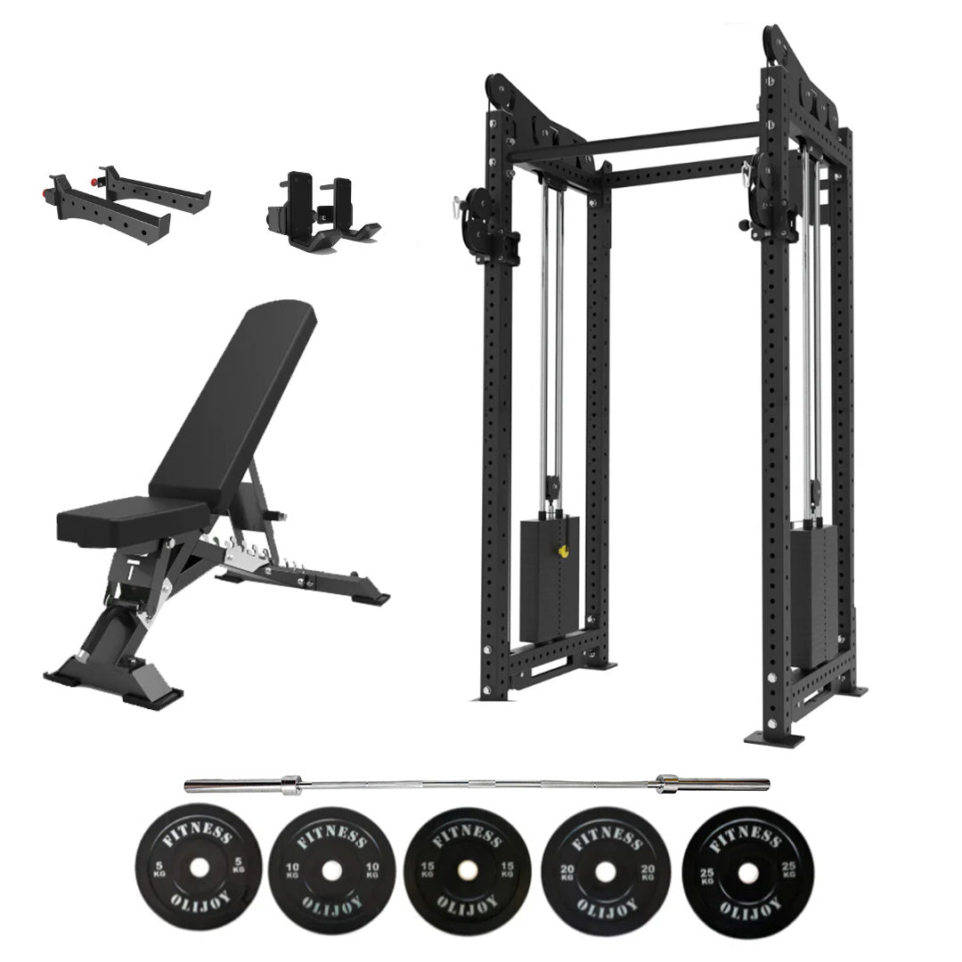 Oli Joy 5492 Pro Functional Bundle – Cable Crossover Trainer with 100 kg Plates, Barbell & Adjustable Bench