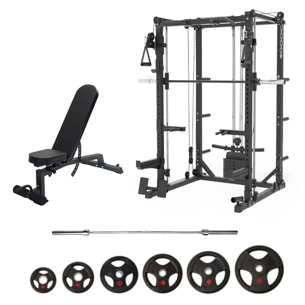 Oli Joy 5383 Pro Strength Bundle – Smith Machine with 155 kg Olympic Plates, Barbell & Adjustable Bench