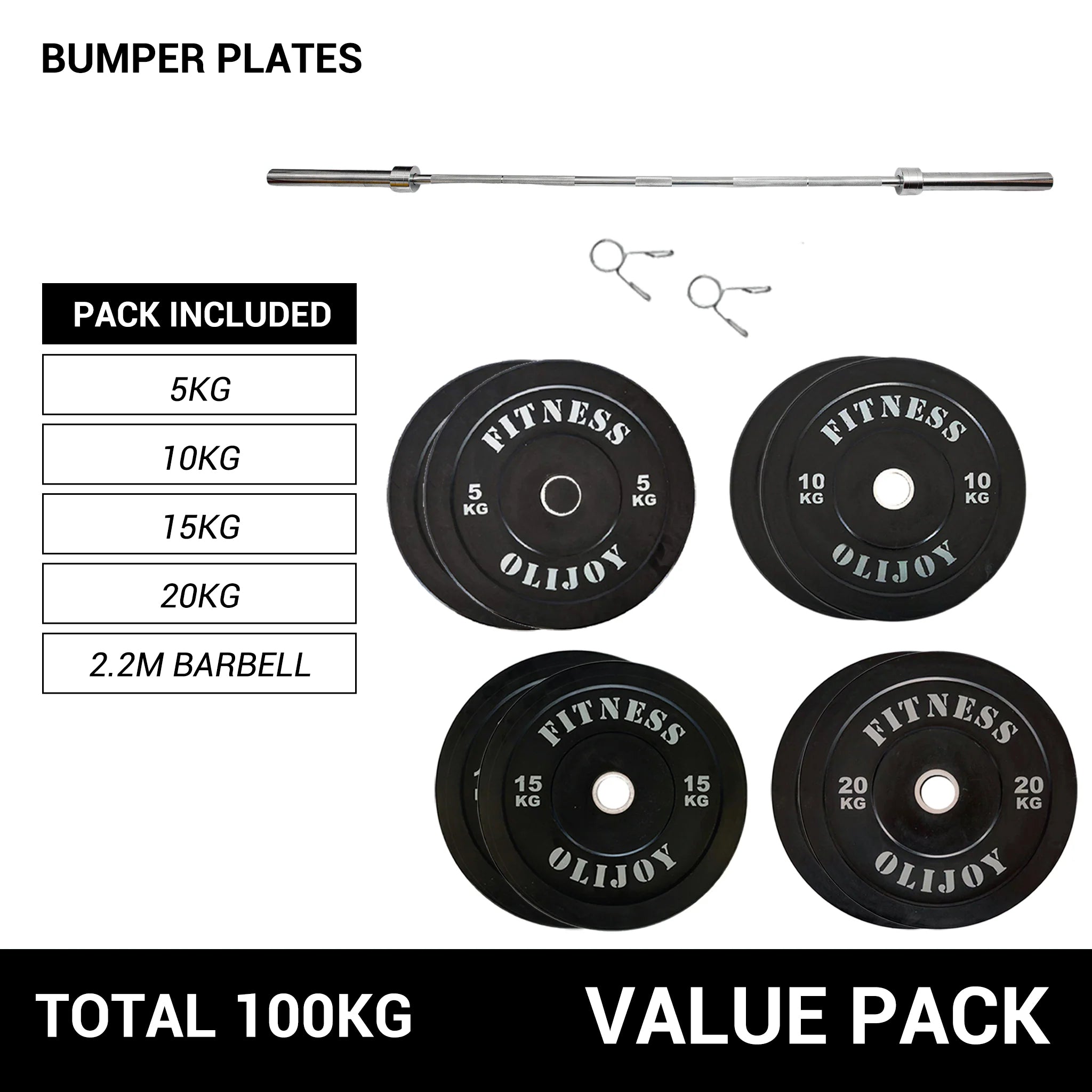 OLI JOY 100KG Black Bumper Plate & Barbell Bundle