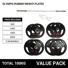 Load image into Gallery viewer, OLI JOY 100KG Rubber Plate &amp; Barbell Bundle
