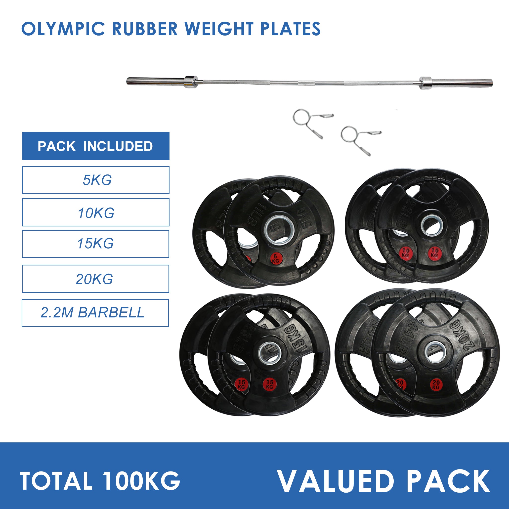 100kg Olympic Weight Plates & Barbell Bundle (2.2m bar) - Oli Joy Sports 