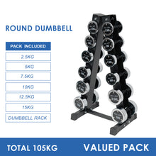 Load image into Gallery viewer, 2.5kg to 15kg Chrome Round Dumbbell &amp; Storage Rack Bundle (6 pairs - 105kg)
