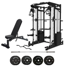 Load image into Gallery viewer, 10-in-1 Professional Power Rack Hybrid Strength Home Strength Bundle – Smith Machine with 100 kg Olympic Plates, Barbell &amp; Adjustable Bench
