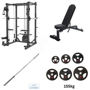 Oli Joy 5383 Pro Strength Bundle – Smith Machine with 155 kg Olympic Plates, Barbell & Adjustable Bench