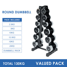 Load image into Gallery viewer, 2.5kg to 20kg Chrome Round Dumbbell &amp; Storage Rack Bundle (6 pairs - 130kg)
